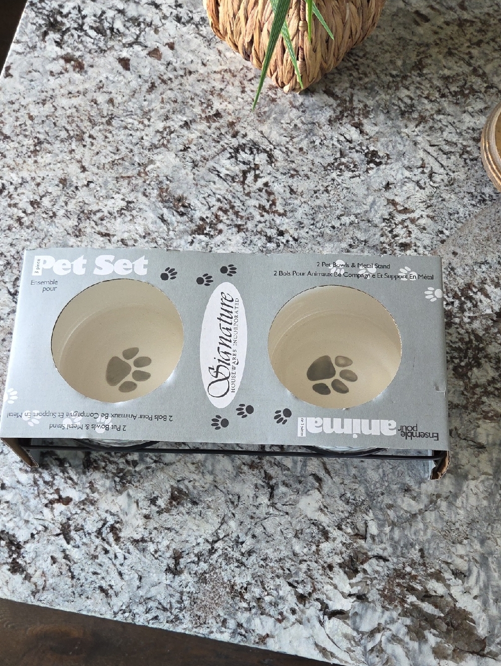Signature Double Pet Bowls with Gray Paw Prints